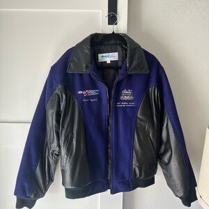 VINTAGE NHRA Jacket Mens L Purple Black Bomber Varsity Leather Wool Mopar 90s